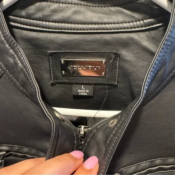 Faux-Leather Black Moto Jacket Size Large - Picture 6 of 9